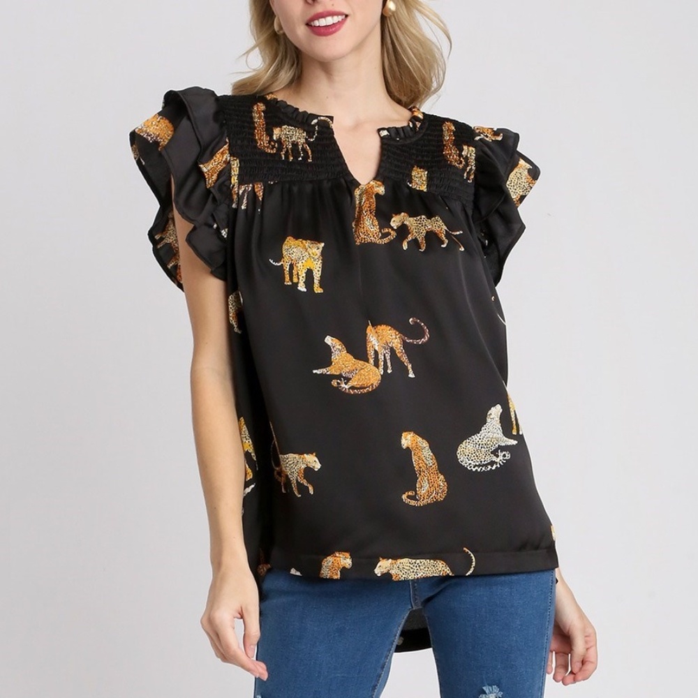 NWT Safari Animal Leopard Print Ruffle Sleeve Blouse in Black